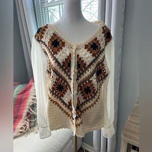 Sapphire crochet sweater with see through sleeves . Size large